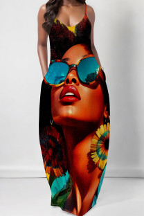 Cyan Casual Print Pocket Patchwork Spaghetti Strap Sling Dresses
