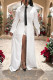 White Casual Solid Color Buttons Patchwork High Slit Turndown Collar Long Sleeve Two Pieces(With A Tie)