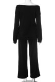 Black Casual Digital Draw String Patchwork Contrast Off Shoulder Long Sleeve Two Pieces