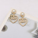 Gold Daily Heart Shaped Letters Hollow Out Pearls Decor Earrings