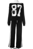 Black Casual Digital Draw String Patchwork Contrast Off Shoulder Long Sleeve Two Pieces