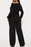 Black Casual Digital Draw String Patchwork Contrast Off Shoulder Long Sleeve Two Pieces
