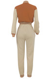 Brown Casual Pocket Buckle Patchwork Contrast O Neck Long Sleeve Two Pieces