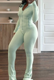 Turquoise Casual Solid Color Patchwork Zipper Zipper Collar Long Sleeve Two Pieces