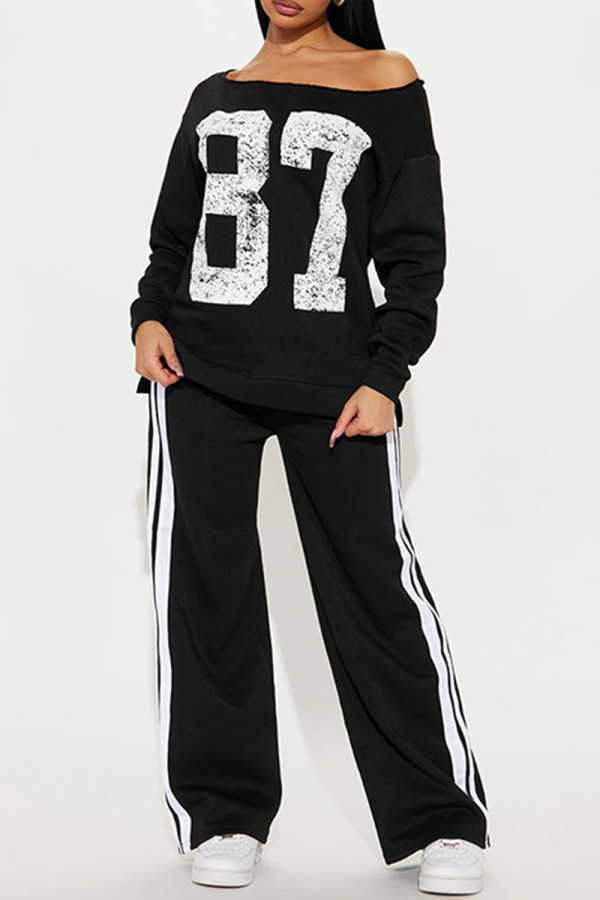 Black Casual Digital Draw String Patchwork Contrast Off Shoulder Long Sleeve Two Pieces