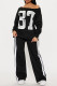 Black Casual Digital Draw String Patchwork Contrast Off Shoulder Long Sleeve Two Pieces