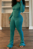 Turquoise Casual Solid Color Patchwork Zipper Zipper Collar Long Sleeve Two Pieces