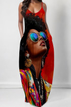 Orange Red Casual Print Pocket Patchwork Spaghetti Strap Sling Dresses