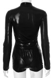 Black Casual Solid Color Patchwork Bow Decor Zipper Zipper Collar Long Sleeve Two Pieces