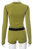 Green Casual Buttons Patchwork Contrast O Neck Long Sleeve Two Pieces