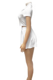 White Casual Solid Color Patchwork Zipper Zipper Collar Short Sleeve Two Pieces