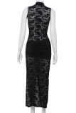Black Sexy Solid Color Lace Hollow Out High Slit O Neck Long Dresses
