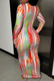 Red Green Casual Striped Print Basic U Neck Long Sleeve Dresses