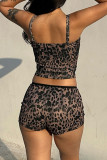 Brown Sexy Leopard Print Patchwork U Neck Two Pieces