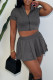Grey Casual Solid Color Patchwork Zipper Zipper Collar Short Sleeve Two Pieces