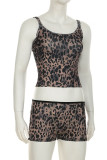 Brown Sexy Leopard Print Patchwork U Neck Two Pieces