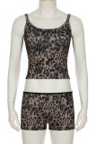 Brown Sexy Leopard Print Patchwork U Neck Two Pieces