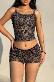 Brown Sexy Leopard Print Patchwork U Neck Two Pieces