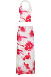 White Pink Elegant Print Patchwork Backless Halter Two Pieces