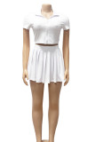 White Casual Solid Color Patchwork Zipper Zipper Collar Short Sleeve Two Pieces