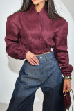 Burgundy Casual Solid Color Buttons Patchwork V Neck Outerwear