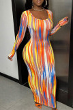 Red Green Casual Striped Print Basic U Neck Long Sleeve Dresses