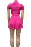 White Casual Solid Color Patchwork Zipper Zipper Collar Short Sleeve Two Pieces