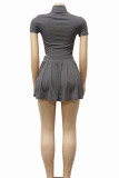 White Casual Solid Color Patchwork Zipper Zipper Collar Short Sleeve Two Pieces