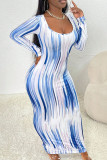 Red Green Casual Striped Print Basic U Neck Long Sleeve Dresses