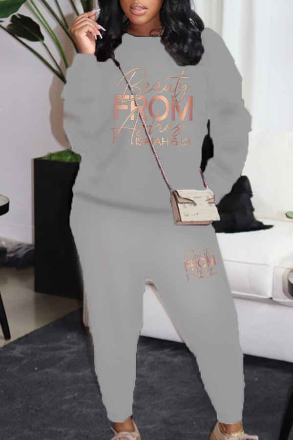Grey Casual Letters Pocket Patchwork O Neck Long Sleeve Two Pieces