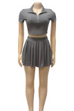 White Casual Solid Color Patchwork Zipper Zipper Collar Short Sleeve Two Pieces