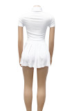 White Casual Solid Color Patchwork Zipper Zipper Collar Short Sleeve Two Pieces