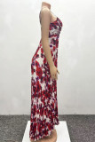 Red Elegant Print Patchwork Backless Spaghetti Strap Sling Dresses