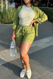 Green Casual Solid Color Draw String Pocket Buckle Patchwork Shirt Collar Long Sleeve Two Pieces