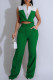 Green Casual Pocket Buckle Contrast Turndown Collar Sleeveless Two Pieces