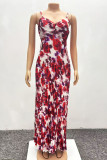 Red Elegant Print Patchwork Backless Spaghetti Strap Sling Dresses
