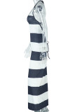White Black Elegant Stripe Patchwork Backless V Neck Long Dresses