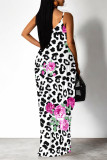 White Pink Sexy Floral Print Leopard Pocket Contrast V Neck Printed Dresses