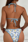 Blue Sexy Print Backless Strap Design Swimwears