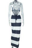 White Black Elegant Stripe Patchwork Backless V Neck Long Dresses