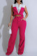 Rose Red Casual Pocket Buckle Contrast Turndown Collar Sleeveless Two Pieces