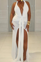 White Elegant Solid Color Backless High Slit V Neck Long Dresses