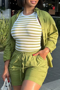 Green Casual Solid Color Draw String Pocket Buckle Patchwork Shirt Collar Long Sleeve Two Pieces