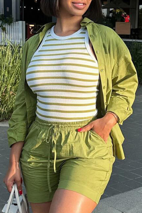Green Casual Solid Color Draw String Pocket Buckle Patchwork Shirt Collar Long Sleeve Two Pieces