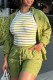 Green Casual Solid Color Draw String Pocket Buckle Patchwork Shirt Collar Long Sleeve Two Pieces