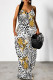 White Sexy Floral Print Leopard Pocket Contrast V Neck Printed Dresses