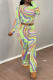 Green Street Geometric Print Flowers Leopard Contrast O Neck Long Sleeve Two Pieces