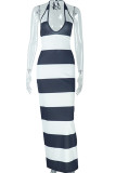 White Black Elegant Stripe Patchwork Backless V Neck Long Dresses