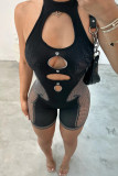 Black Sexy Solid Color Hollow Out O Neck Skinny Rompers