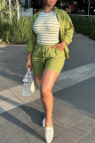Green Casual Solid Color Draw String Pocket Buckle Patchwork Shirt Collar Long Sleeve Two Pieces